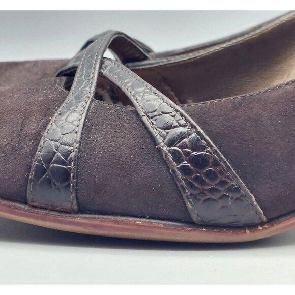 Ann Taylor Brown Suede Pumps Heels Shoes Leather Croc Straps Size 9M Career - Picture 7 of 14